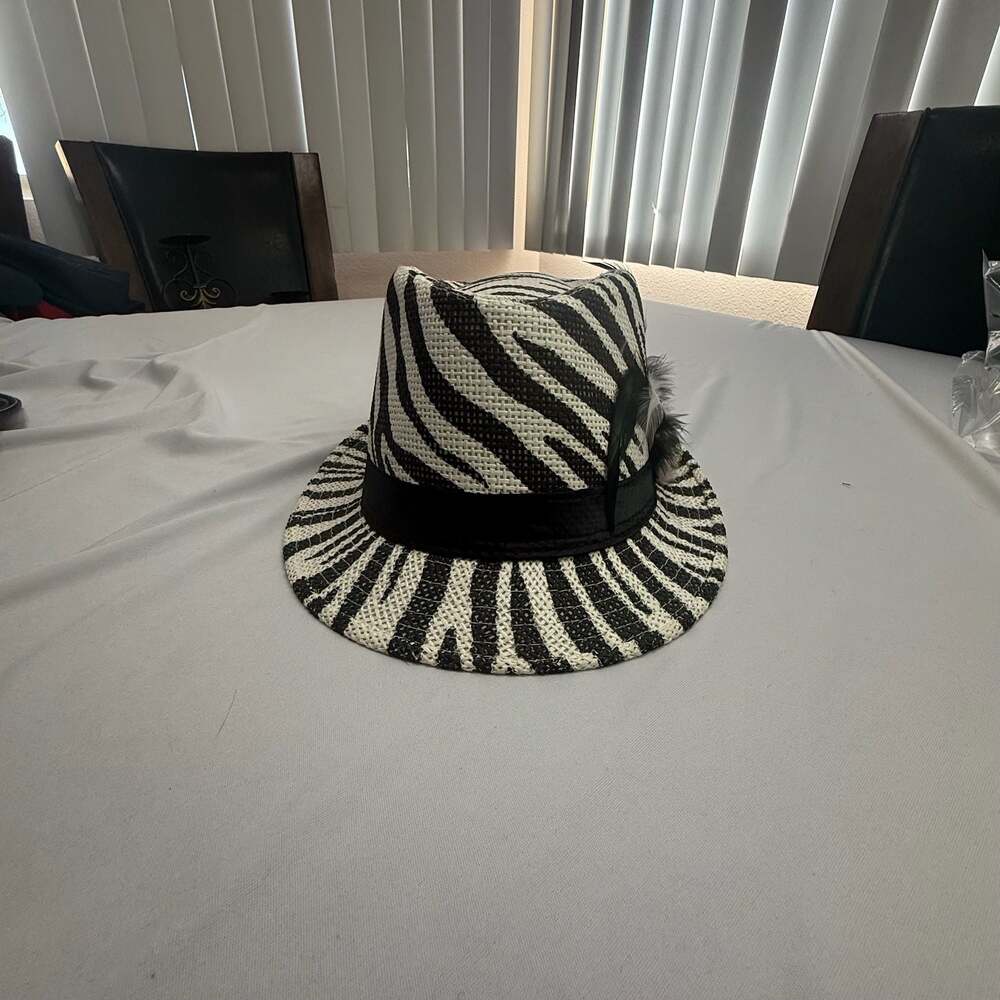Zebra Print Paper Straw Fedora Hat with Feather Detail